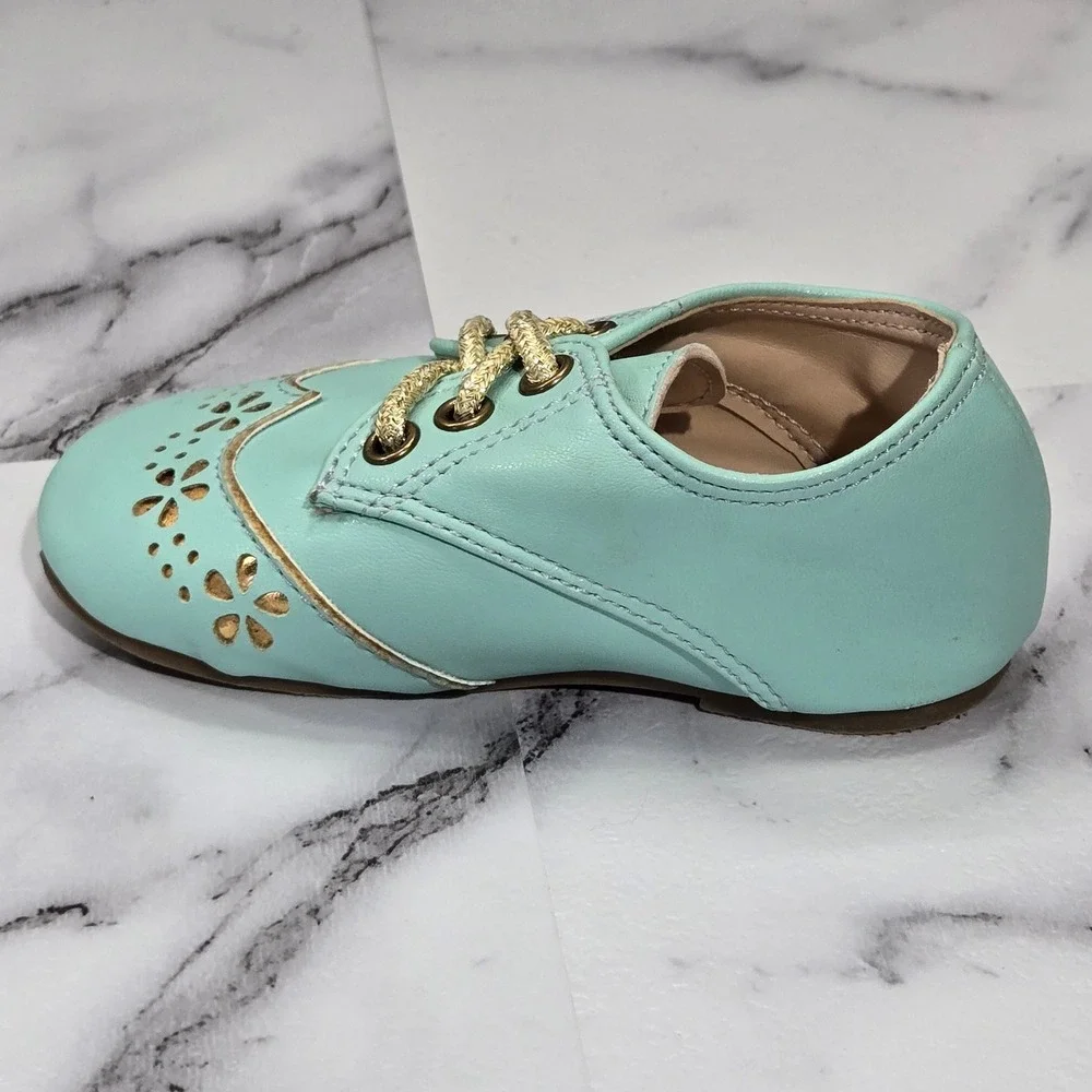 The Doll Maker Oxford Shoes Girls Size 5 Mint Green Gold Floral Cutout Dress
